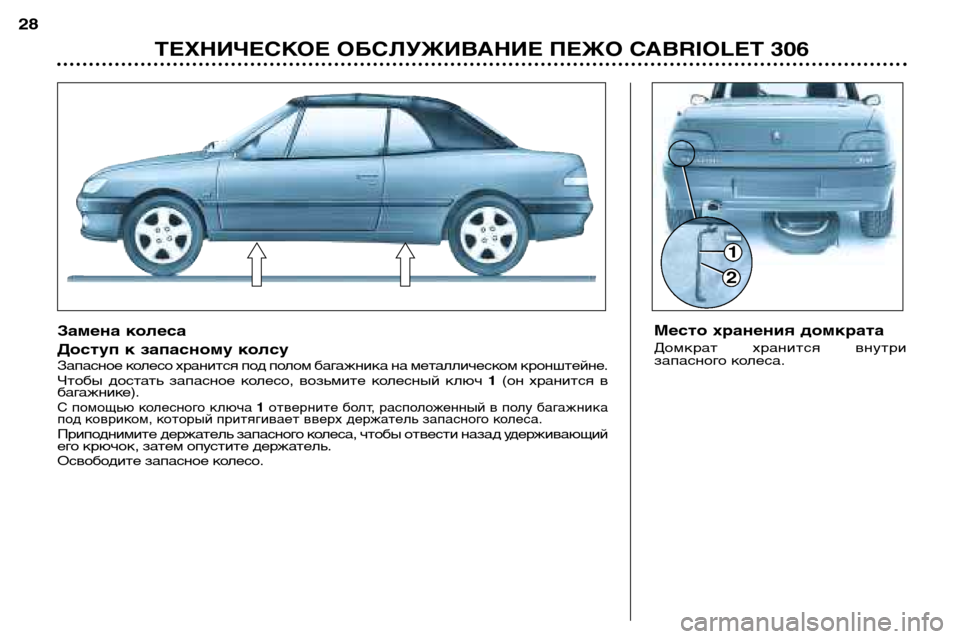Peugeot 306 C 2001  Инструкция по эксплуатации (in Russian) 1
2
ТЕХНИЧЕСКОЕ ОБСЛУЖИВАНИЕ ПЕЖО CABRIOLET 306
28
Доступ к запасному колсу 
Запасное колесо хранится под полом багаж