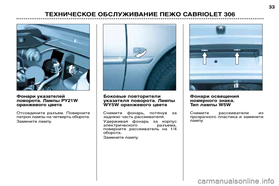 Peugeot 306 C 2001  Инструкция по эксплуатации (in Russian) ТЕХНИЧЕСКОЕ ОБСЛУЖИВАНИЕ ПЕЖО CABRIOLET 30633
Фонари указателей 
поворота. Лампы PY21W
оранжевого цвета 
Отсоединитe р