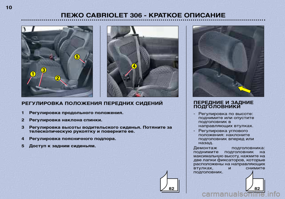 Peugeot 306 C 2001  Инструкция по эксплуатации (in Russian) 82
5
3
21
4
82
ПЕЖО CABRIOLET 306 - КРАТКОЕ ОПИСАНИЕ
10
ПЕРЕДНИЕ И ЗАДНИЕ 
ПОДГОЛОВНИКИ  
- Регулировка по высоте:поднимите и