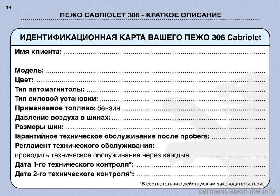 Peugeot 306 C 2001  Инструкция по эксплуатации (in Russian) ПЕЖО CABRIOLET 306 - КРАТКОЕ ОПИСАНИЕ
14
ИДЕНТИФИКАЦИОННАЯ КАРТА ВАШЕГО ПЕЖО 306 Cabriolet
Имя клиента: ...................................