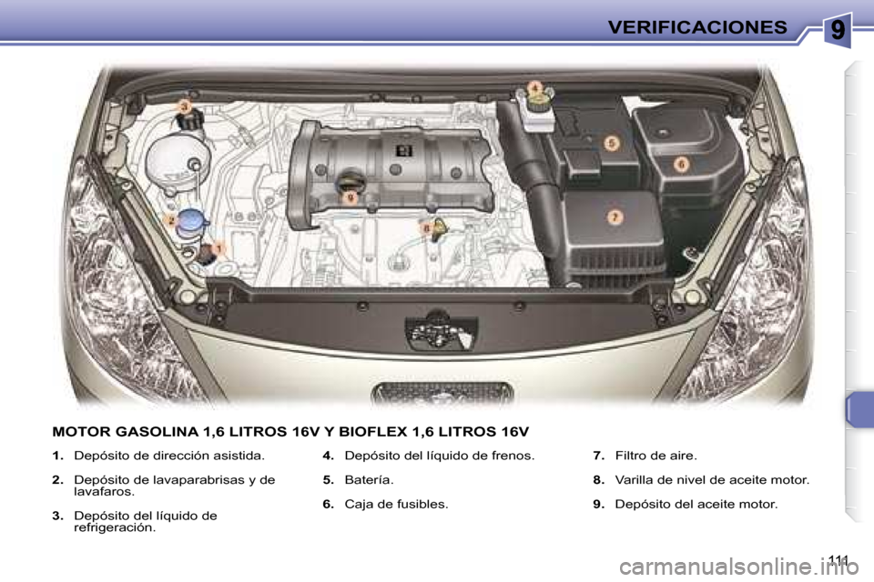 Peugeot 307 Break 2007.5  Manual del propietario (in Spanish) VERIFICACIONES
111
   
1.    Depósito de dirección asistida. 
  
2.    Depósito de lavaparabrisas y de 
lavafaros. 
  
3.    Depósito del líquido de 
refrigeración.    
4.    Depósito del líqu