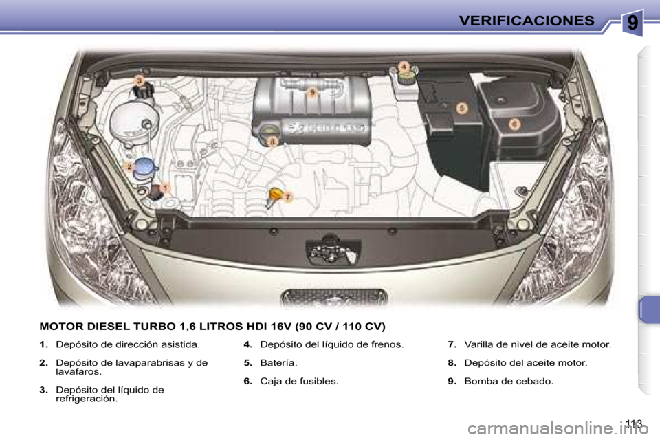 Peugeot 307 Break 2007.5  Manual del propietario (in Spanish) VERIFICACIONES
113
   
1.      Depósito de dirección asistida. 
  
2.      Depósito de lavaparabrisas y de 
lavafaros. 
  
3.      Depósito del líquido de 
refrigeración.    
4.      Depósito d