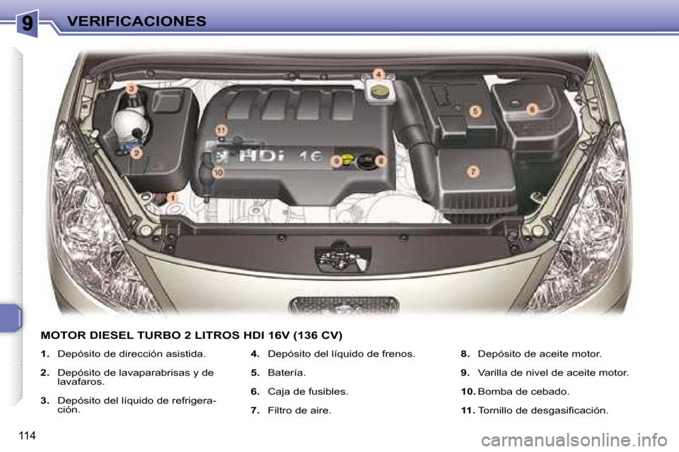 Peugeot 307 Break 2007.5  Manual del propietario (in Spanish) VERIFICACIONES
114
   
1.       Depósito de dirección asistida.  
  
2.       Depósito de lavaparabrisas y de 
lavafaros.  
  
3.       Depósito del líquido de refrigera-
ción.     
4.       Dep