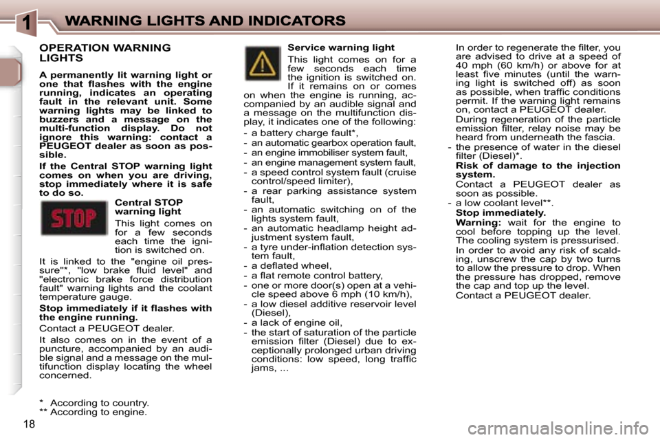 Peugeot 307 Break 2007  Owners Manual �1�8
�O�P�E�R�A�T�I�O�N� �W�A�R�N�I�N�G�  
�L�I�G�H�T�S
�A�  �p�e�r�m�a�n�e�n�t�l�y�  �l�i�t�  �w�a�r�n�i�n�g�  �l�i�g�h�t�  �o�r� �o�n�e�  �t�h�a�t�  �ﬂ�a�s�h�e�s�  �w�i�t�h�  �t�h�e�  �e�n�g�i�n�e