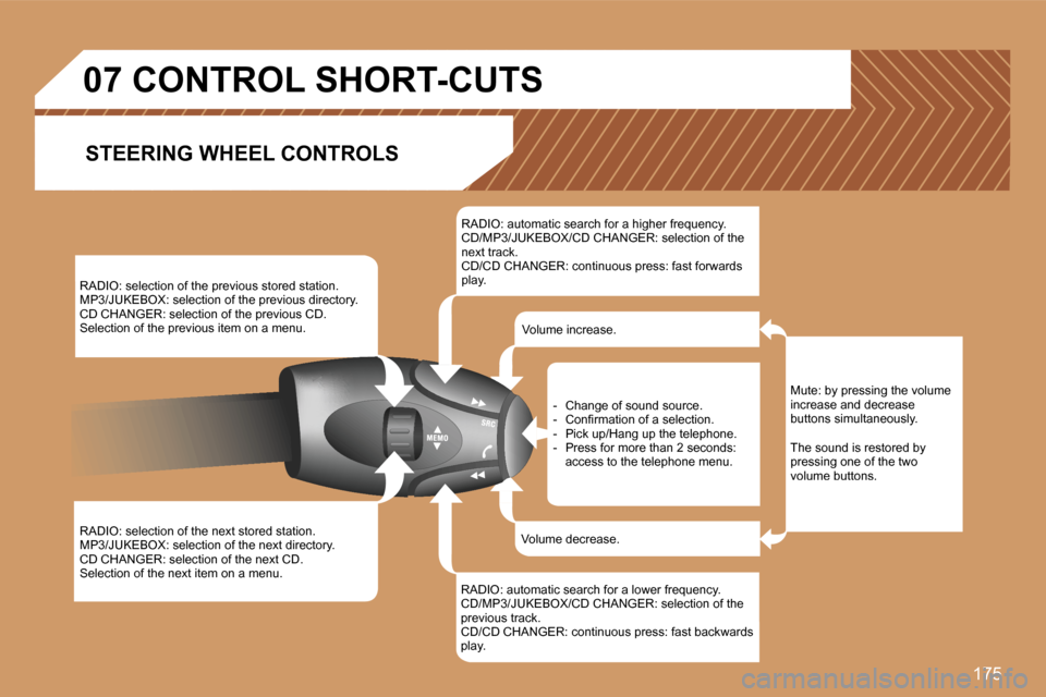 Peugeot 307 Break 2007  Owners Manual �1�7�5
�R�A�D�I�O�:� �s�e�l�e�c�t�i�o�n� �o�f� �t�h�e� �p�r�e�v�i�o�u�s� �s�t�o�r�e�d� �s�t�a�t�i�o�n�.�M�P�3�/�J�U�K�E�B�O�X�:� �s�e�l�e�c�t�i�o�n� �o�f� �t�h�e� �p�r�e�v�i�o�u�s� �d�i�r�e�c�t�o�r�y�