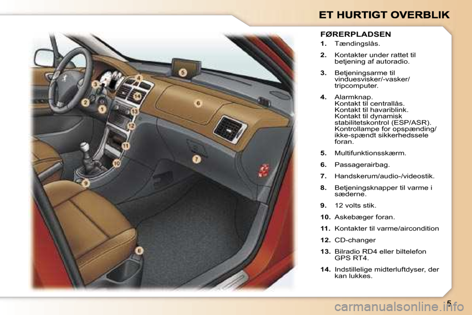 Peugeot 307 Break 2007  Instruktionsbog (in Danish) �1�.� �T�æ�n�d�i�n�g�s�l�å�s�.
�2�.� �K�o�n�t�a�k�t�e�r� �u�n�d�e�r� �r�a�t�t�e�t� �t�i�l� �b�e�t�j�e�n�i�n�g� �a�f� �a�u�t�o�r�a�d�i�o�.
�3�.� �B�e�t�j�e�n�i�n�g�s�a�r�m�e� �t�i�l� �v�i�n�d�u�e�s�v