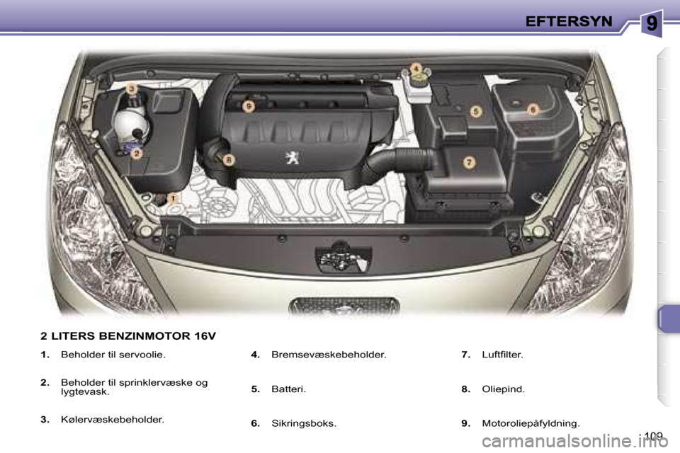 Peugeot 307 Break 2007  Instruktionsbog (in Danish) �1�0�9
�1�.� �B�e�h�o�l�d�e�r� �t�i�l� �s�e�r�v�o�o�l�i�e�.
�2�.� �B�e�h�o�l�d�e�r� �t�i�l� �s�p�r�i�n�k�l�e�r�v�æ�s�k�e� �o�g� �l�y�g�t�e�v�a�s�k�.� 
�3�.� �K�ø�l�e�r�v�æ�s�k�e�b�e�h�o�l�d�e�r�.
�