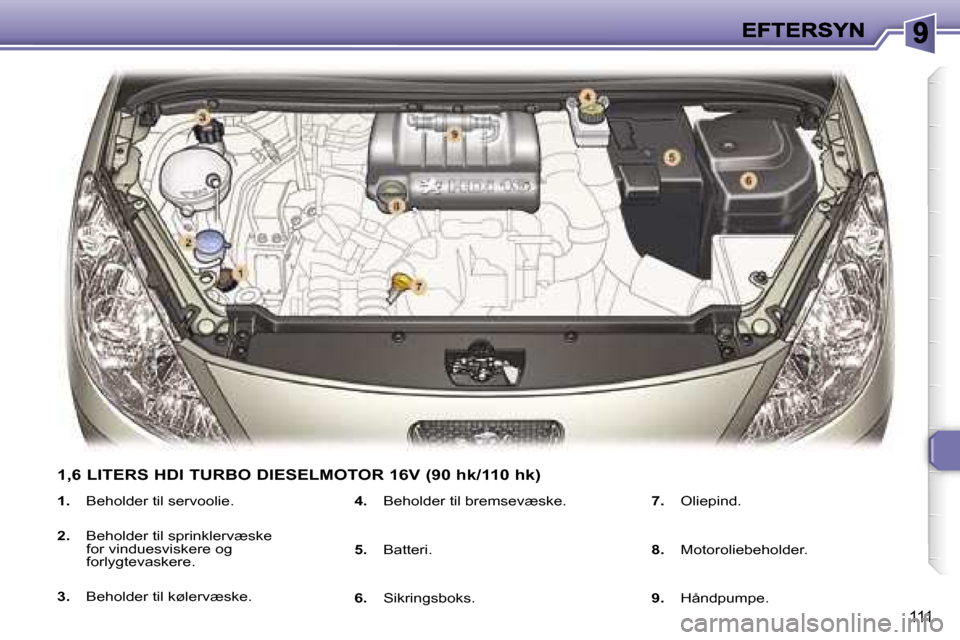 Peugeot 307 Break 2007  Instruktionsbog (in Danish) �1�1�1
�1�.� �B�e�h�o�l�d�e�r� �t�i�l� �s�e�r�v�o�o�l�i�e�.
�2�.� �B�e�h�o�l�d�e�r� �t�i�l� �s�p�r�i�n�k�l�e�r�v�æ�s�k�e� �f�o�r� �v�i�n�d�u�e�s�v�i�s�k�e�r�e� �o�g� �f�o�r�l�y�g�t�e�v�a�s�k�e�r�e�.
