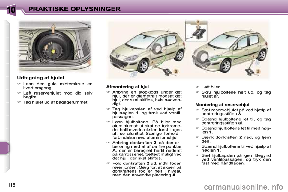 Peugeot 307 Break 2007  Instruktionsbog (in Danish) �1�0
�1�1�6
�A�f�m�o�n�t�e�r�i�n�g� �a�f� �h�j�u�l
��  �A�n�b�r�i�n�g�  �e�n�  �s�t�o�p�k�l�o�d�s�  �u�n�d�e�r�  �d�e�t� �h�j�u�l�,�  �d�e�r�  �e�r�  �d�i�a�m�e�t�r�a�l�t�  �m�o�d�s�a�t�  �d�e�t� �