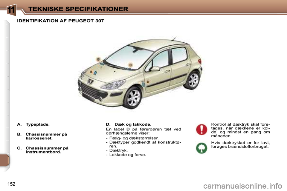Peugeot 307 Break 2007  Instruktionsbog (in Danish) �1
�1�5�2
�I�D�E�N�T�I�F�I�K�A�T�I�O�N� �A�F� �P�E�U�G�E�O�T� �3�0�7
�D�.�  �D�æ�k� �o�g� �l�a�k�k�o�d�e�.
�E�n�  �l�a�b�e�l� �D�  �p�å�  �f�ø�r�e�r�d�ø�r�e�n�  �t�æ�t�  �v�e�d� �d�ø�r�h�æ�n�g�