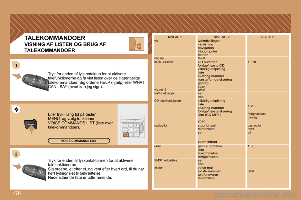Peugeot 307 Break 2007  Instruktionsbog (in Danish) �1�7�6
�M�E�N�U�E�S�C�L�I�S�T
�M�E�N�U
�2�2
�1�1
�T�r�y�k� �f�o�r� �e�n�d�e�n� �a�f� �l�y�s�k�o�n�t�a�k�t�a�r�m�e�n� �f�o�r� �a�t� �a�k�t�i�v�e�r�e� �T�r�y�k� �f�o�r� �e�n�d�e�n� �a�f� �l�y�s�k�o�n�t�