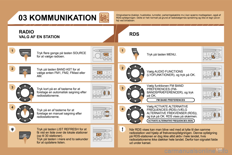 Peugeot 307 Break 2007  Instruktionsbog (in Danish) �1�8�5
�1�1
�2�2
�3�3
�4�4
�2�2
�4�4
�3�3
�1�1
�0�3� �K�O�M�M�U�N�I�K�A�T�I�O�N
�R�A�D�I�O
�V�A�L�G� �A�F� �E�N� �S�T�A�T�I�O�N
�T�r�y�k� �ﬂ�e�r�e� �g�a�n�g�e� �p�å� �t�a�s�t�e�n� �S�O�U�R�C�E� �f�