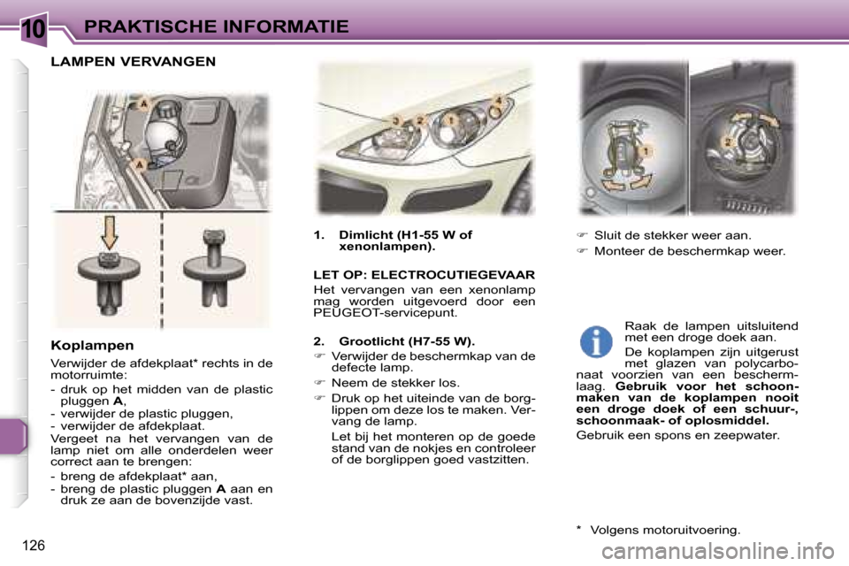 Peugeot 307 Break 2006  Handleiding (in Dutch) �1�0�P�R�A�K�T�I�S�C�H�E� �I�N�F�O�R�M�A�T�I�E
�1�2�6
�K�o�p�l�a�m�p�e�n
�V�e�r�w�i�j�d�e�r� �d�e� �a�f�d�e�k�p�l�a�a�t�*� �r�e�c�h�t�s� �i�n� �d�e�  
�m�o�t�o�r�r�u�i�m�t�e�: 
�-�  �d�r�u�k�  �o�p�  