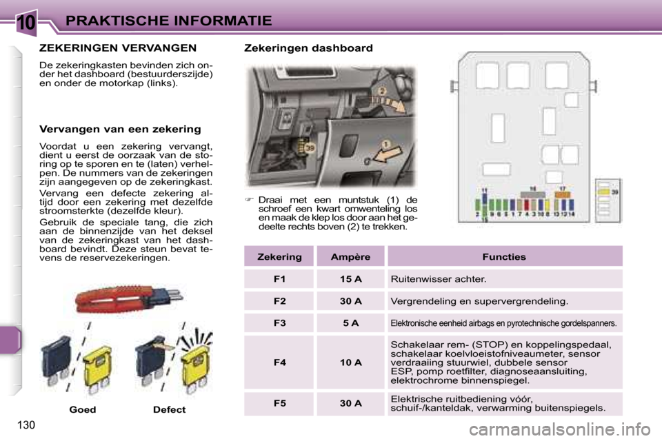 Peugeot 307 Break 2006  Handleiding (in Dutch) �1�0�P�R�A�K�T�I�S�C�H�E� �I�N�F�O�R�M�A�T�I�E
�1�3�0
�Z�E�K�E�R�I�N�G�E�N� �V�E�R�V�A�N�G�E�N
�D�e� �z�e�k�e�r�i�n�g�k�a�s�t�e�n� �b�e�v�i�n�d�e�n� �z�i�c�h� �o�n�- 
�d�e�r� �h�e�t� �d�a�s�h�b�o�a�r�