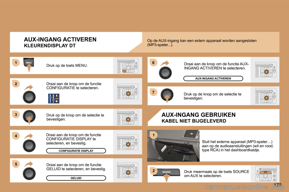 Peugeot 307 Break 2006  Handleiding (in Dutch) �2 
�3 
�4�5 �6 
�7
�1
�1
�2
�1�7�5
�A�U�X�-�I�N�G�A�N�G� �A�C�T�I�V�E�R�E�N
�K�L�E�U�R�E�N�D�I�S�P�L�A�Y� �D�T
�D�r�u�k� �o�p� �d�e� �t�o�e�t�s� �M�E�N�U�.�  
�D�r�a�a�i� �a�a�n� �d�e� �k�n�o�p� �o�m