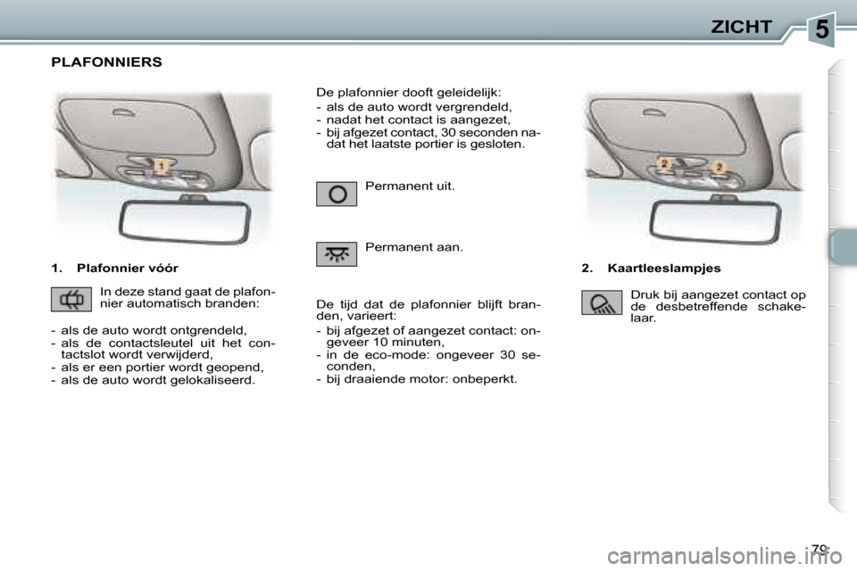 Peugeot 307 Break 2006  Handleiding (in Dutch) �5�Z�I�C�H�T
�7�9
�1�.�  �P�l�a�f�o�n�n�i�e�r� �v�ó�ó�r�2�.�  �K�a�a�r�t�l�e�e�s�l�a�m�p�j�e�s
�P�e�r�m�a�n�e�n�t� �u�i�t�. 
�P�e�r�m�a�n�e�n�t� �a�a�n�.
�D�e� �p�l�a�f�o�n�n�i�e�r� �d�o�o�f�t� �g�e