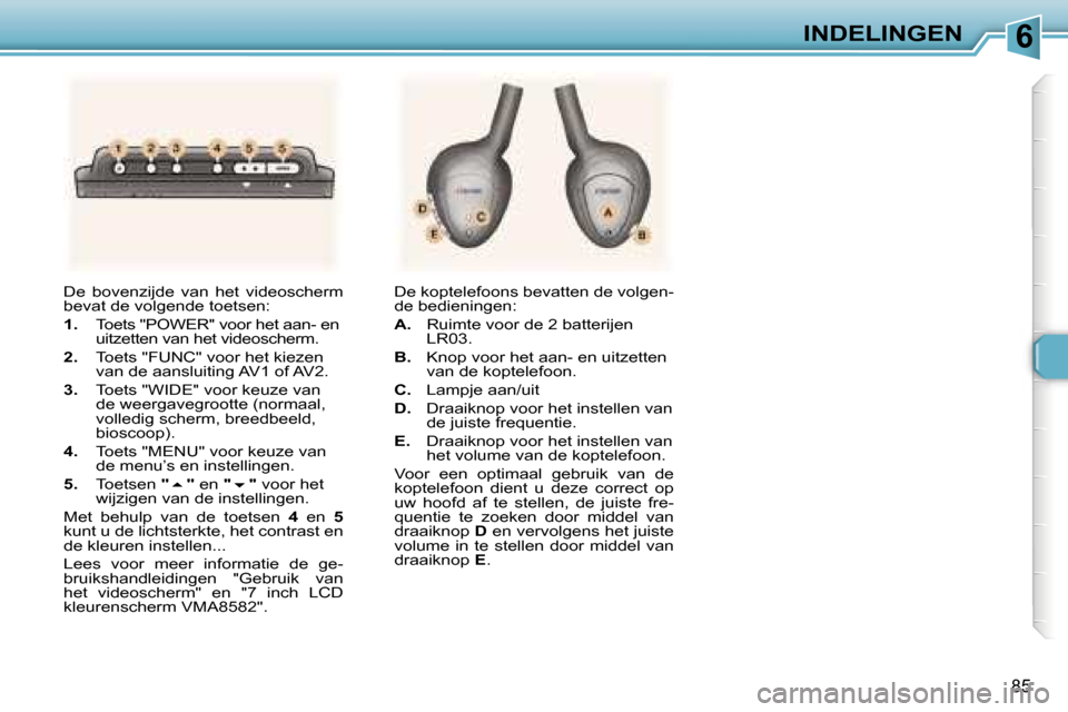 Peugeot 307 Break 2006  Handleiding (in Dutch) �6�I�N�D�E�L�I�N�G�E�N
�8�5
�D�e�  �b�o�v�e�n�z�i�j�d�e�  �v�a�n�  �h�e�t�  �v�i�d�e�o�s�c�h�e�r�m�  
�b�e�v�a�t� �d�e� �v�o�l�g�e�n�d�e� �t�o�e�t�s�e�n�: 
�1�.�  �T�o�e�t�s� �"�P�O�W�E�R�"� �v�o�o�r�