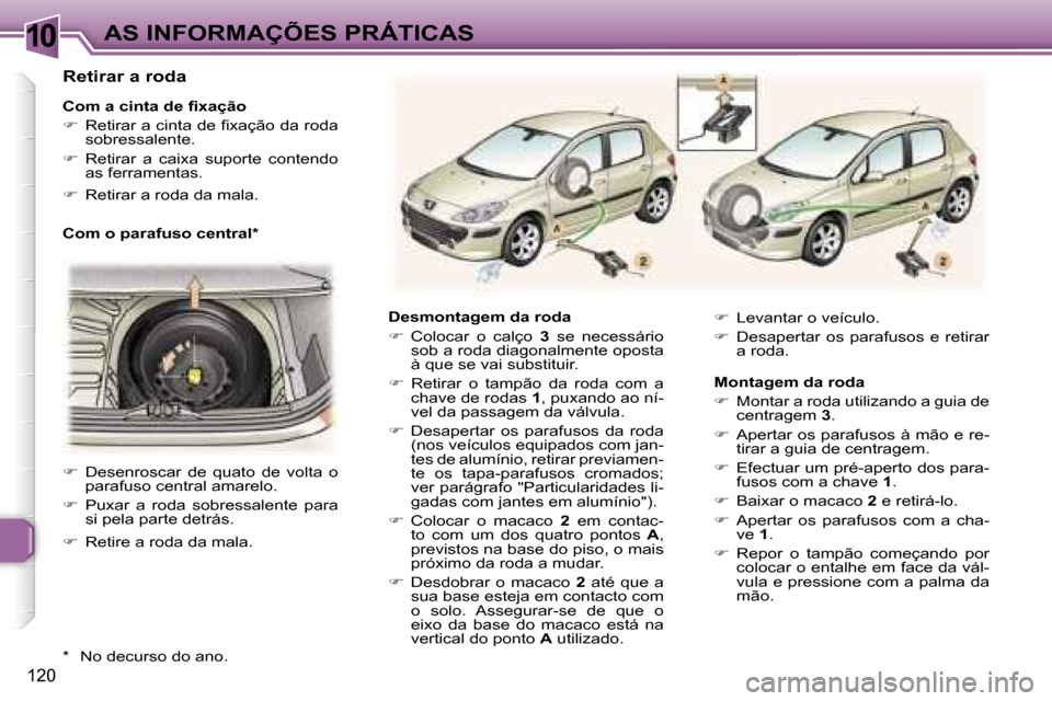 Peugeot 307 Break 2006  Manual do proprietário (in Portuguese) �1�0
�1�2�0
�D�e�s�m�o�n�t�a�g�e�m� �d�a� �r�o�d�a 
��  �C�o�l�o�c�a�r�  �o�  �c�a�l�ç�o�  �3�  �s�e�  �n�e�c�e�s�s�á�r�i�o� 
�s�o�b� �a� �r�o�d�a� �d�i�a�g�o�n�a�l�m�e�n�t�e� �o�p�o�s�t�a�  
�à