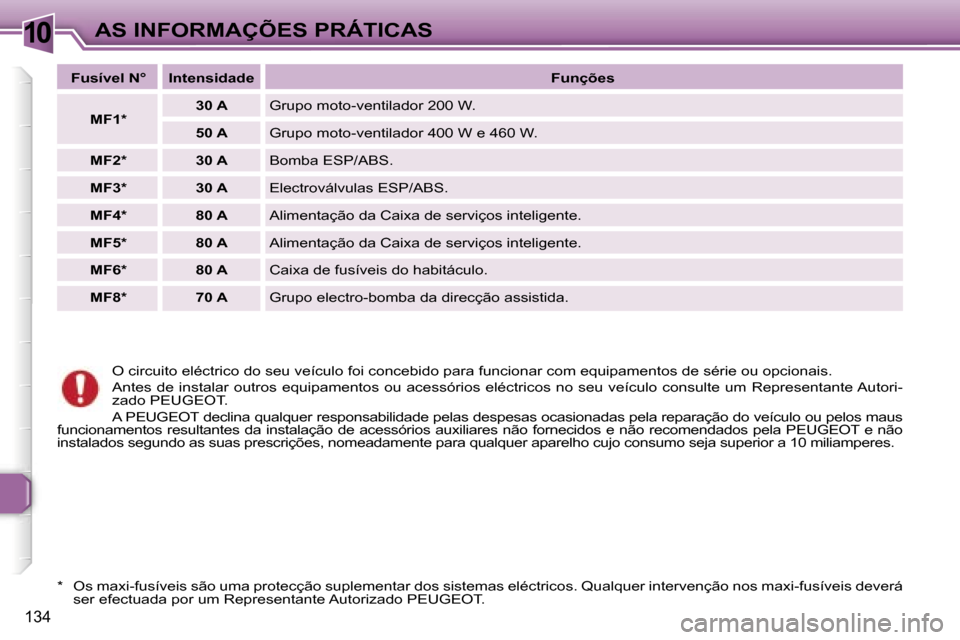 Peugeot 307 Break 2006  Manual do proprietário (in Portuguese) �1�0
�1�3�4
�O� �c�i�r�c�u�i�t�o� �e�l�é�c�t�r�i�c�o� �d�o� �s�e�u� �v�e�í�c�u�l�o� �f�o�i� �c�o�n�c�e�b�i�d�o� �p�a�r�a� �f�u�n�c�i�o�n�a�r� �c�o�m� �e�q�u�i�p�a�m�e�n�t�o�s� �d�e� �s�é�r�i�e� �o�