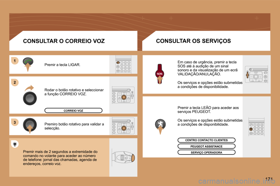Peugeot 307 Break 2006  Manual do proprietário (in Portuguese) �1 
�2 
�3
�1�7�1
�R�o�d�a�r� �o� �b�o�t�ã�o� �r�o�t�a�t�i�v�o� �e� �s�e�l�e�c�c�i�o�n�a�r� �  
�a� �f�u�n�ç�ã�o� �C�O�R�R�E�I�O� �V�O�Z�.
�P�r�e�m�i�r� �a� �t�e�c�l�a� �L�I�G�A�R�. 
�P�r�e�m�i�r�o