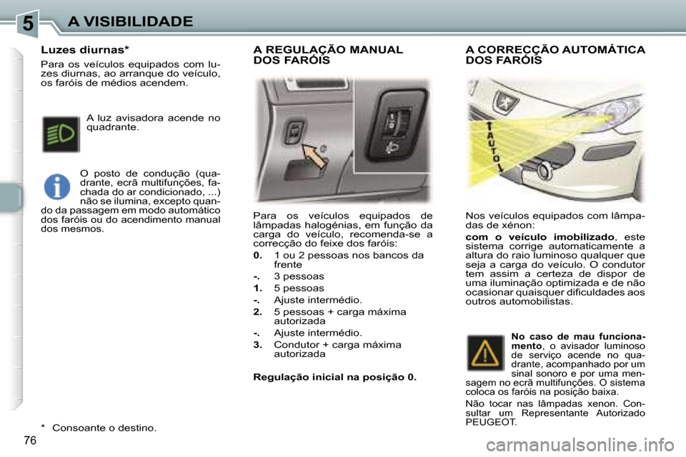 Peugeot 307 Break 2006  Manual do proprietário (in Portuguese) �5�A� �V�I�S�I�B�I�L�I�D�A�D�E
�7�6
�P�a�r�a�  �o�s�  �v�e�í�c�u�l�o�s�  �e�q�u�i�p�a�d�o�s�  �d�e�  
�l�â�m�p�a�d�a�s� �h�a�l�o�g�é�n�i�a�s�,� �e�m� �f�u�n�ç�ã�o� �d�a� 
�c�a�r�g�a�  �d�o�  �v�e
