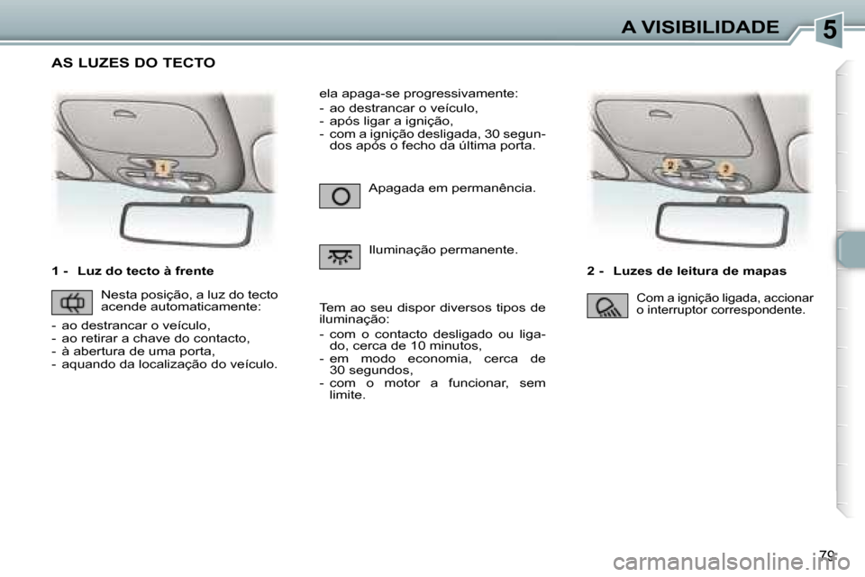 Peugeot 307 Break 2006  Manual do proprietário (in Portuguese) �5�A� �V�I�S�I�B�I�L�I�D�A�D�E
�7�9
�1� �-�  �L�u�z� �d�o� �t�e�c�t�o� �à� �f�r�e�n�t�e�2� �-�  �L�u�z�e�s� �d�e� �l�e�i�t�u�r�a� �d�e� �m�a�p�a�s� 
�A�p�a�g�a�d�a� �e�m� �p�e�r�m�a�n�ê�n�c�i�a�. 
�