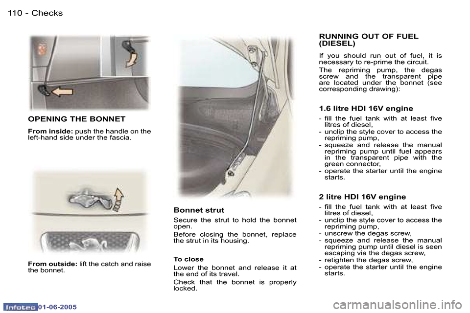 Peugeot 307 Break 2005  Owners Manual �C�h�e�c�k�s�1�1�0 �-
�0�1�-�0�6�-�2�0�0�5
�1�1�1�C�h�e�c�k�s�-
�0�1�-�0�6�-�2�0�0�5
�O�P�E�N�I�N�G� �T�H�E� �B�O�N�N�E�T
�F�r�o�m� �i�n�s�i�d�e�:� �p�u�s�h� �t�h�e� �h�a�n�d�l�e� �o�n� �t�h�e� 
�l�e�
