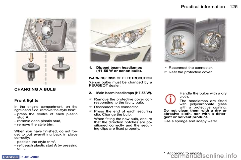 Peugeot 307 Break 2005  Owners Manual �P�r�a�c�t�i�c�a�l� �i�n�f�o�r�m�a�t�i�o�n�1�2�4 �-
�0�1�-�0�6�-�2�0�0�5
�1�2�5�P�r�a�c�t�i�c�a�l� �i�n�f�o�r�m�a�t�i�o�n�-
�0�1�-�0�6�-�2�0�0�5
�C�H�A�N�G�I�N�G� �A� �B�U�L�B 
�F�r�o�n�t� �l�i�g�h�t�