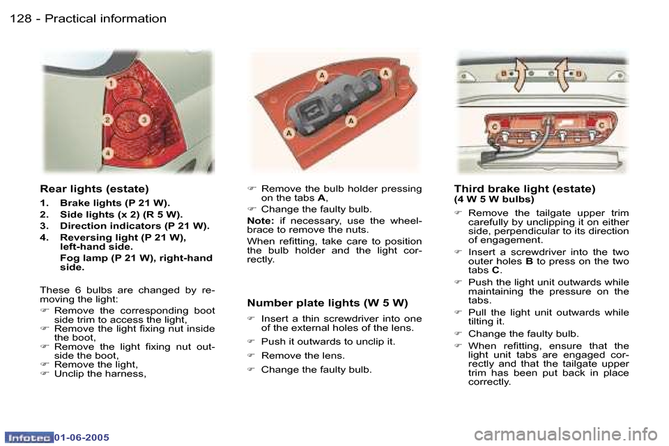 Peugeot 307 Break 2005  Owners Manual �P�r�a�c�t�i�c�a�l� �i�n�f�o�r�m�a�t�i�o�n�1�2�8 �-
�0�1�-�0�6�-�2�0�0�5
�1�2�9�P�r�a�c�t�i�c�a�l� �i�n�f�o�r�m�a�t�i�o�n�-
�0�1�-�0�6�-�2�0�0�5
�T�h�i�r�d� �b�r�a�k�e� �l�i�g�h�t� �(�e�s�t�a�t�e�)�(�