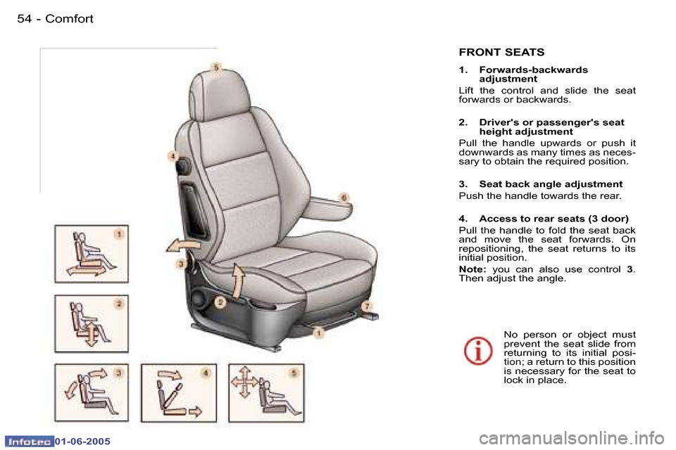 Peugeot 307 Break 2005  Owners Manual �C�o�m�f�o�r�t�5�4 �-
�0�1�-�0�6�-�2�0�0�5
�5�5�C�o�m�f�o�r�t�-
�0�1�-�0�6�-�2�0�0�5
�F�R�O�N�T� �S�E�A�T�S
�1�.�  �F�o�r�w�a�r�d�s�-�b�a�c�k�w�a�r�d�s� �a�d�j�u�s�t�m�e�n�t
�L�i�f�t�  �t�h�e�  �c�o�n