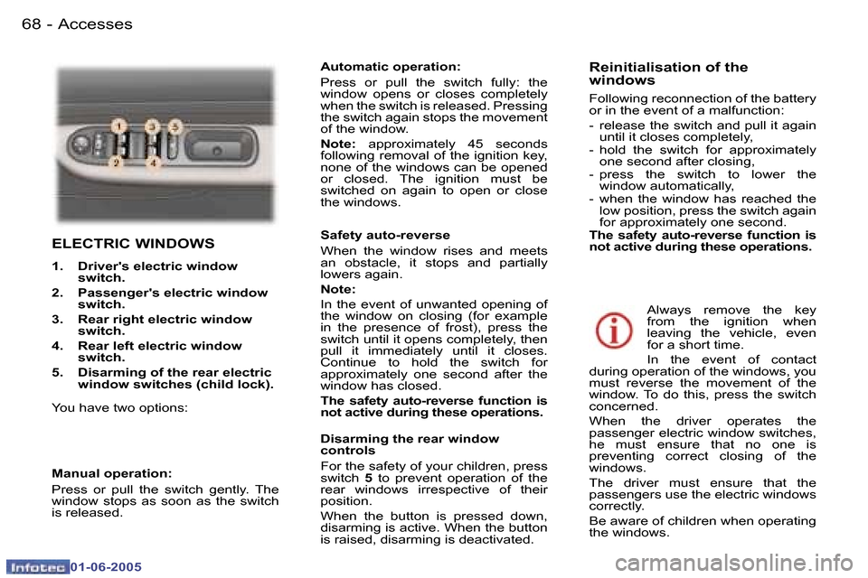 Peugeot 307 Break 2005  Owners Manual �A�c�c�e�s�s�e�s�6�8 �-
�0�1�-�0�6�-�2�0�0�5
�6�9�A�c�c�e�s�s�e�s�-
�0�1�-�0�6�-�2�0�0�5
�E�L�E�C�T�R�I�C� �W�I�N�D�O�W�S
�1�.�  �D�r�i�v�e�r��s� �e�l�e�c�t�r�i�c� �w�i�n�d�o�w� �s�w�i�t�c�h�.� 
�2�.