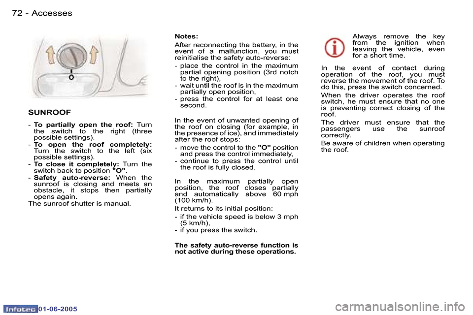 Peugeot 307 Break 2005  Owners Manual �A�c�c�e�s�s�e�s�7�2 �-
�0�1�-�0�6�-�2�0�0�5
�7�3�A�c�c�e�s�s�e�s�-
�0�1�-�0�6�-�2�0�0�5
�N�o�t�e�s�: 
�A�f�t�e�r� �r�e�c�o�n�n�e�c�t�i�n�g� �t�h�e� �b�a�t�t�e�r�y�,� �i�n� �t�h�e�  
�e�v�e�n�t�  �o�f
