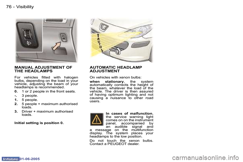 Peugeot 307 Break 2005  Owners Manual �V�i�s�i�b�i�l�i�t�y�7�6 �-
�0�1�-�0�6�-�2�0�0�5
�7�7�V�i�s�i�b�i�l�i�t�y�-
�0�1�-�0�6�-�2�0�0�5
�M�A�N�U�A�L� �A�D�J�U�S�T�M�E�N�T� �O�F�  
�T�H�E� �H�E�A�D�L�A�M�P�S
�F�o�r�  �v�e�h�i�c�l�e�s�  �i�t