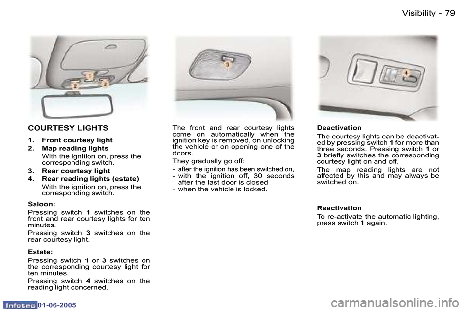 Peugeot 307 Break 2005  Owners Manual �V�i�s�i�b�i�l�i�t�y�7�8 �-
�0�1�-�0�6�-�2�0�0�5
�7�9�V�i�s�i�b�i�l�i�t�y�-
�0�1�-�0�6�-�2�0�0�5
�C�O�U�R�T�E�S�Y� �L�I�G�H�T�S
�1�.�  �F�r�o�n�t� �c�o�u�r�t�e�s�y� �l�i�g�h�t 
�2�.�  �M�a�p� �r�e�a�d