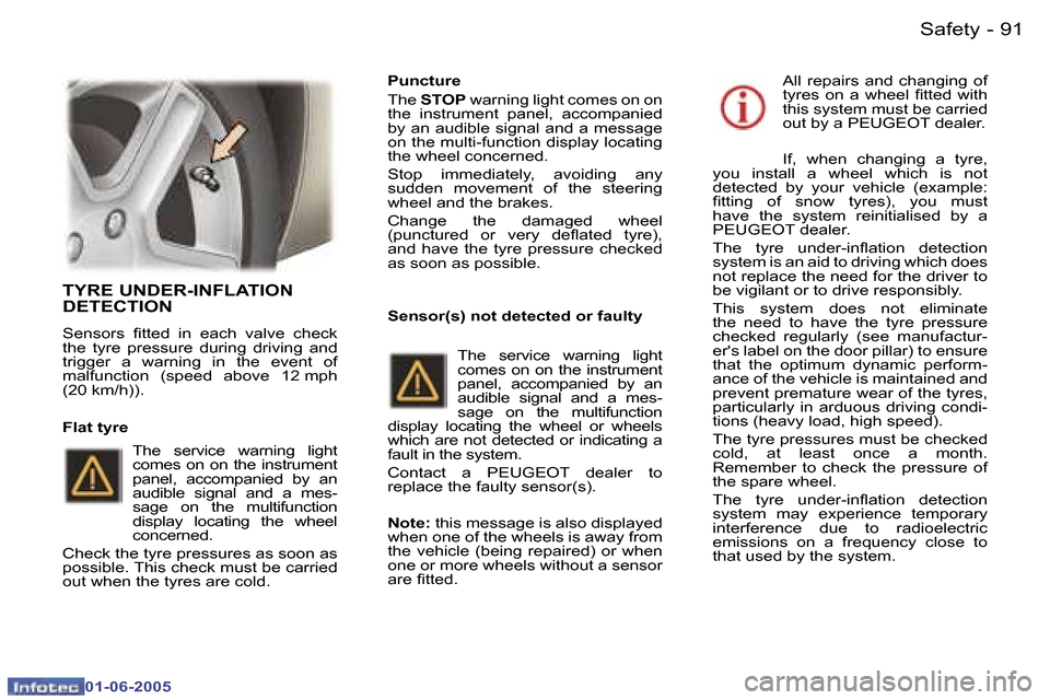 Peugeot 307 Break 2005  Owners Manual �S�a�f�e�t�y�9�0 �-
�0�1�-�0�6�-�2�0�0�5
�9�1�S�a�f�e�t�y�-
�0�1�-�0�6�-�2�0�0�5
�T�Y�R�E� �U�N�D�E�R�-�I�N�F�L�A�T�I�O�N�  
�D�E�T�E�C�T�I�O�N
�S�e�n�s�o�r�s�  �i�t�t�e�d�  �i�n�  �e�a�c�h�  �v�a�l�v