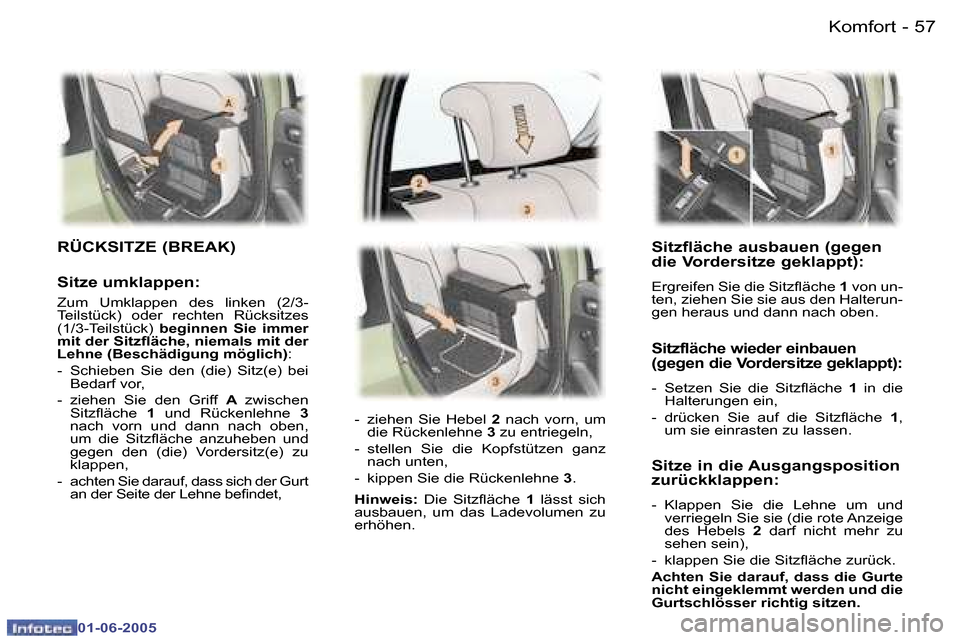 Peugeot 307 Break 2005  Betriebsanleitung (in German) �5�6 �-
�0�1�-�0�6�-�2�0�0�5
�5�7
�-
�0�1�-�0�6�-�2�0�0�5
�S�i�t�z�f�l�ä�c�h�e� �a�u�s�b�a�u�e�n� �(�g�e�g�e�n�  
�d�i�e� �V�o�r�d�e�r�s�i�t�z�e� �g�e�k�l�a�p�p�t�)�:� 
�E�r�g�r�e�i�f�e�n� �S�i�e� �d