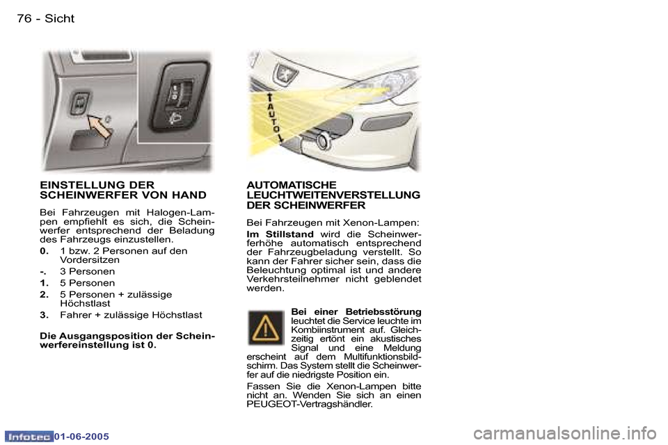 Peugeot 307 Break 2005  Betriebsanleitung (in German) �7�6 �-
�0�1�-�0�6�-�2�0�0�5
�7�7
�-
�0�1�-�0�6�-�2�0�0�5
�E�I�N�S�T�E�L�L�U�N�G� �D�E�R�  
�S�C�H�E�I�N�W�E�R�F�E�R� �V�O�N� �H�A�N�D� 
�B�e�i�  �F�a�h�r�z�e�u�g�e�n�  �m�i�t�  �H�a�l�o�g�e�n�-�L�a�m