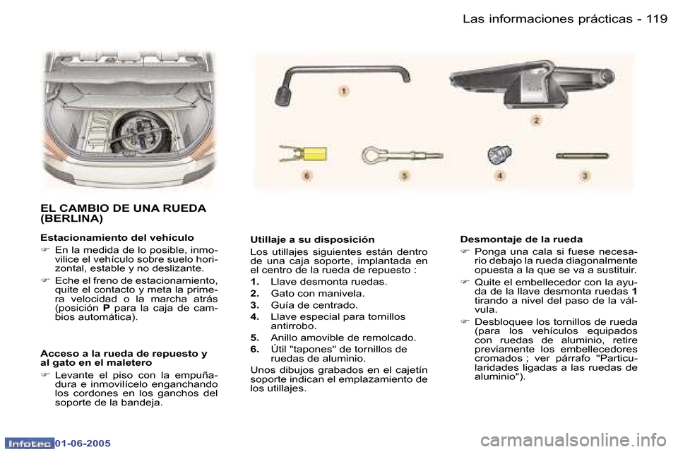 Peugeot 307 Break 2005  Manual del propietario (in Spanish) �1�1�9�L�a�s� �i�n�f�o�r�m�a�c�i�o�n�e�s� �p�r�á�c�t�i�c�a�s�-
�0�1�-�0�6�-�2�0�0�5
�U�t�i�l�l�a�j�e� �a� �s�u� �d�i�s�p�o�s�i�c�i�ó�n 
�L�o�s�  �u�t�i�l�l�a�j�e�s�  �s�i�g�u�i�e�n�t�e�s�  �e�s�t�á