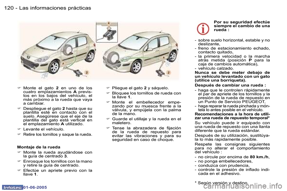 Peugeot 307 Break 2005  Manual del propietario (in Spanish) �L�a�s� �i�n�f�o�r�m�a�c�i�o�n�e�s� �p�r�á�c�t�i�c�a�s�1�2�0 �-
�0�1�-�0�6�-�2�0�0�5
�1�2�1�L�a�s� �i�n�f�o�r�m�a�c�i�o�n�e�s� �p�r�á�c�t�i�c�a�s�-
�0�1�-�0�6�-�2�0�0�5
�F�  �M�o�n�t�e�  �e�l�  �g�a