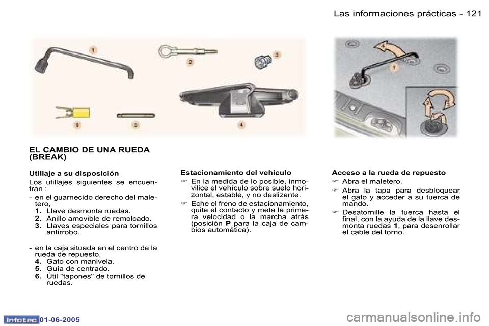 Peugeot 307 Break 2005  Manual del propietario (in Spanish) �L�a�s� �i�n�f�o�r�m�a�c�i�o�n�e�s� �p�r�á�c�t�i�c�a�s�1�2�0 �-
�0�1�-�0�6�-�2�0�0�5
�1�2�1�L�a�s� �i�n�f�o�r�m�a�c�i�o�n�e�s� �p�r�á�c�t�i�c�a�s�-
�0�1�-�0�6�-�2�0�0�5
�E�s�t�a�c�i�o�n�a�m�i�e�n�t�