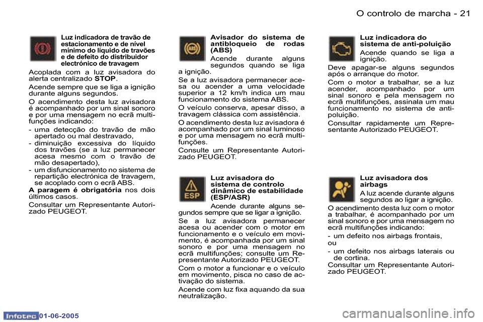 Peugeot 307 Break 2005  Manual do proprietário (in Portuguese) �O� �c�o�n�t�r�o�l�o� �d�e� �m�a�r�c�h�a�2�0 �-
�0�1�-�0�6�-�2�0�0�5
�2�1�O� �c�o�n�t�r�o�l�o� �d�e� �m�a�r�c�h�a�-
�0�1�-�0�6�-�2�0�0�5
�L�u�z� �a�v�i�s�a�d�o�r�a� �d�o�  
�s�i�s�t�e�m�a� �d�e� �c�o�