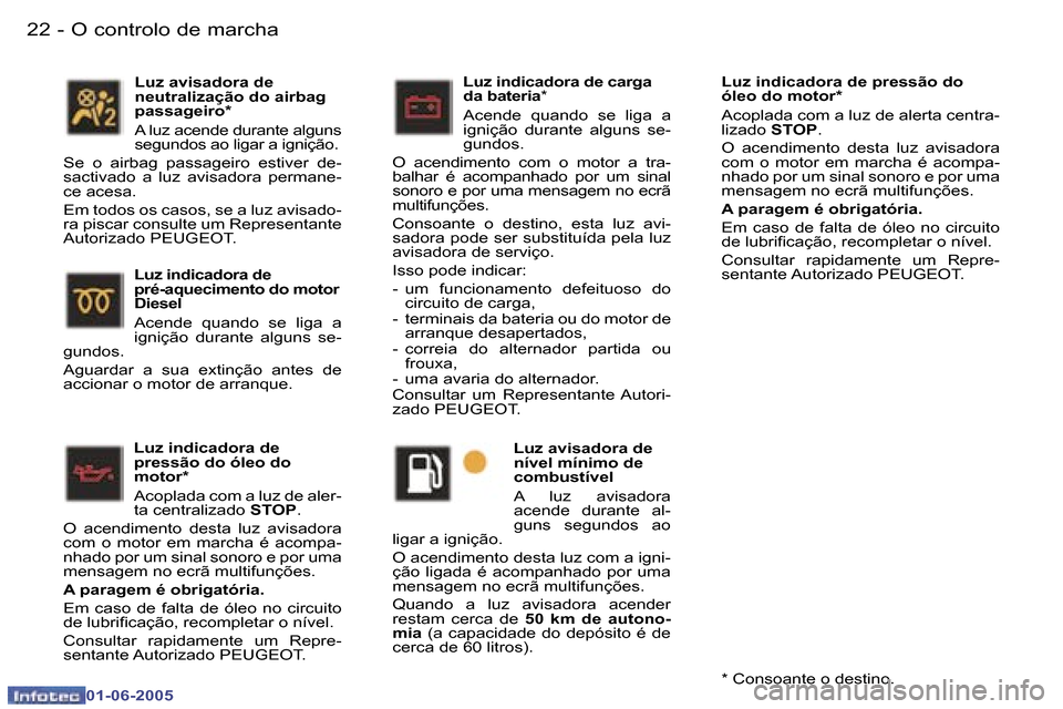 Peugeot 307 Break 2005  Manual do proprietário (in Portuguese) �O� �c�o�n�t�r�o�l�o� �d�e� �m�a�r�c�h�a�2�2 �-
�0�1�-�0�6�-�2�0�0�5
�2�3�O� �c�o�n�t�r�o�l�o� �d�e� �m�a�r�c�h�a�-
�0�1�-�0�6�-�2�0�0�5
�L�u�z� �i�n�d�i�c�a�d�o�r�a� �d�e�  
�p�r�e�s�s�ã�o� �d�o� �