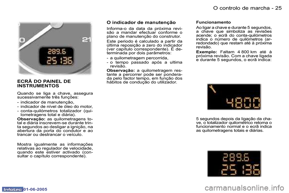Peugeot 307 Break 2005  Manual do proprietário (in Portuguese) �O� �c�o�n�t�r�o�l�o� �d�e� �m�a�r�c�h�a�2�4 �-
�0�1�-�0�6�-�2�0�0�5
�2�5�O� �c�o�n�t�r�o�l�o� �d�e� �m�a�r�c�h�a�-
�0�1�-�0�6�-�2�0�0�5
�E�C�R�Ã� �D�O� �P�A�I�N�E�L� �D�E�  
�I�N�S�T�R�U�M�E�N�T�O�S