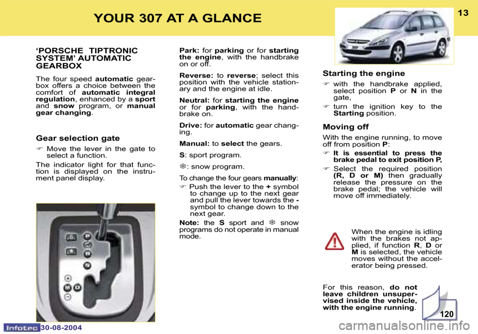 Peugeot 307 Break 2004.5  Owners Manual �1�2�0
�1�2
�3�0�-�0�8�-�2�0�0�4
�1�3
�3�0�-�0�8�-�2�0�0�4
�Y�O�U�R� �3�0�7� �A�T� �A� �G�L�A�N�C�E
�‘�P�O�R�S�C�H�E� � �T�I�P�T�R�O�N�I�C�  
�S�Y�S�T�E�M�’� �A�U�T�O�M�A�T�I�C� 
�G�E�A�R�B�O�X
�T