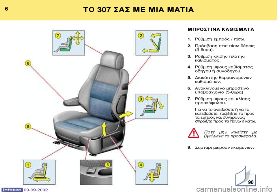 Peugeot 307 Break 2002.5  Εγχειρίδιο χρήσης (in Greek) ª¶ƒ√™∆π¡∞ ∫∞£π™ª∞∆∞ 1.ƒ‡ıÌÈÛË ÂÌÚﬁ˜ / ›Ûˆ.
2. ¶ÚﬁÛ‚·ÛË ÛÙÈ˜ ›Ûˆ ı¤ÛÂÈ˜ (3-ı˘Ú·).
3. ƒ‡ıÌÈÛË ÎÏ›ÛË˜ 