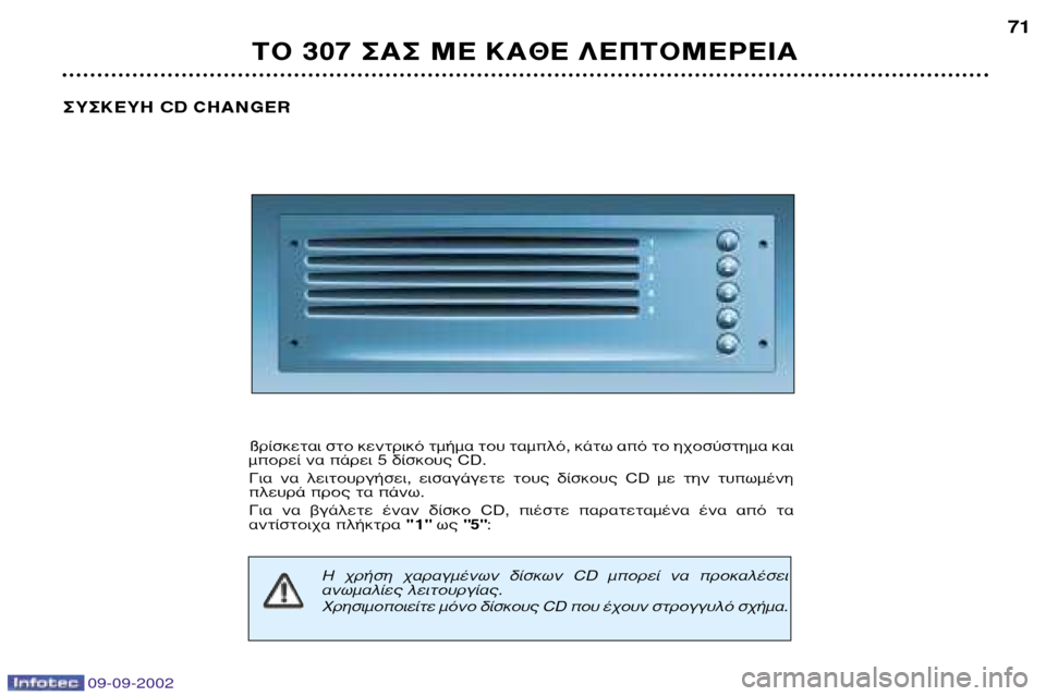 Peugeot 307 Break 2002.5  Εγχειρίδιο χρήσης (in Greek) 09-09-2002
∆√ 307 ™∞™ ª∂ ∫∞£∂ §∂¶∆√ª∂ƒ∂π∞71
™À™∫∂À∏  CD CHANGER
ßÚ›ÛÎÂÙ·È ÛÙÔ ÎÂÓÙÚÈÎﬁ ÙÌ‹Ì· ÙÔ˘ Ù·ÌÏﬁ, Î¿Ù