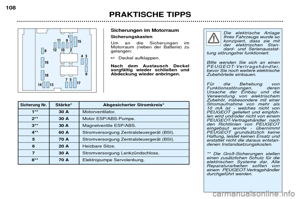 Peugeot 307 Break 2002 Betriebsanleitung (in German) Die elektrische Anlage Ihres Fahrzeugs wurde sokonzipiert, dass sie mitder elektrischen Stan-dard- und Serienausstat-
tung stšrungsfrei funktioniert. Bitte wenden Sie sich an einen
PEUGEOT-Vertrags Peugeot 307 Break 2002 Betriebsanleitung (in German) Die elektrische Anlage Ihres Fahrzeugs wurde sokonzipiert, dass sie mitder elektrischen Stan-dard- und Serienausstat-
tung stšrungsfrei funktioniert. Bitte wenden Sie sich an einen
PEUGEOT-Vertrags