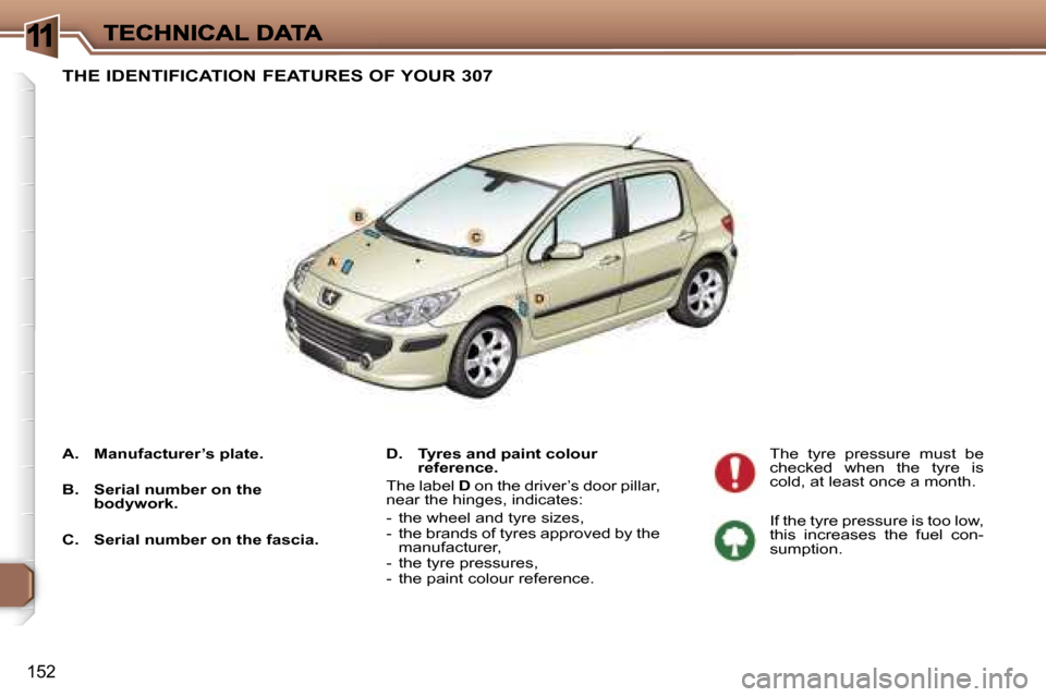 Peugeot 307 Break Dag 2007  Owners Manual �1
�1�5�2
�T�H�E� �I�D�E�N�T�I�F�I�C�A�T�I�O�N� �F�E�A�T�U�R�E�S� �O�F� �Y�O�U�R� �3�0�7
�D�.�  �T�y�r�e�s� �a�n�d� �p�a�i�n�t� �c�o�l�o�u�r� �r�e�f�e�r�e�n�c�e�.
�T�h�e� �l�a�b�e�l� �D� �o�n� �t�h�e�
