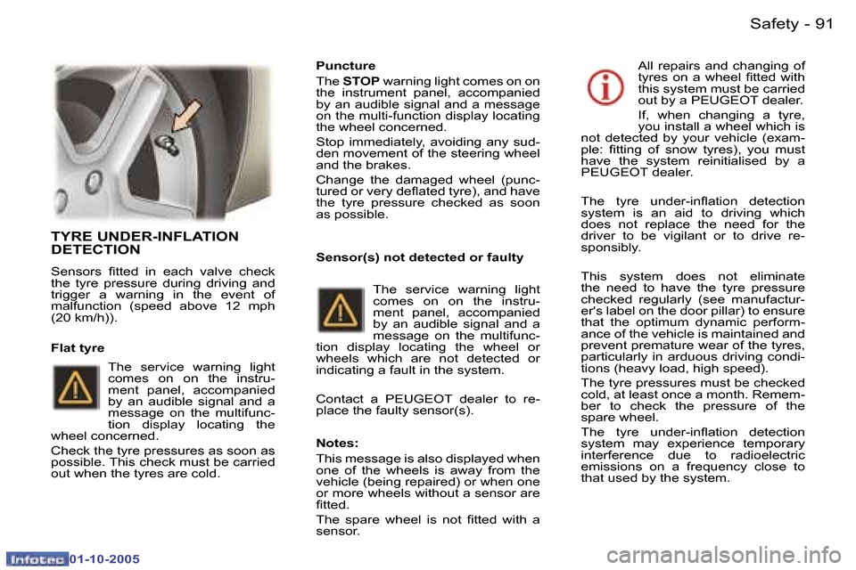 Peugeot 307 Break Dag 2005.5  Owners Manual �S�a�f�e�t�y�9�0 �-
�0�1�-�1�0�-�2�0�0�5
�9�1�S�a�f�e�t�y�-
�0�1�-�1�0�-�2�0�0�5
�T�Y�R�E� �U�N�D�E�R�-�I�N�F�L�A�T�I�O�N�  
�D�E�T�E�C�T�I�O�N
�S�e�n�s�o�r�s�  �i�t�t�e�d�  �i�n�  �e�a�c�h�  �v�a�l�v