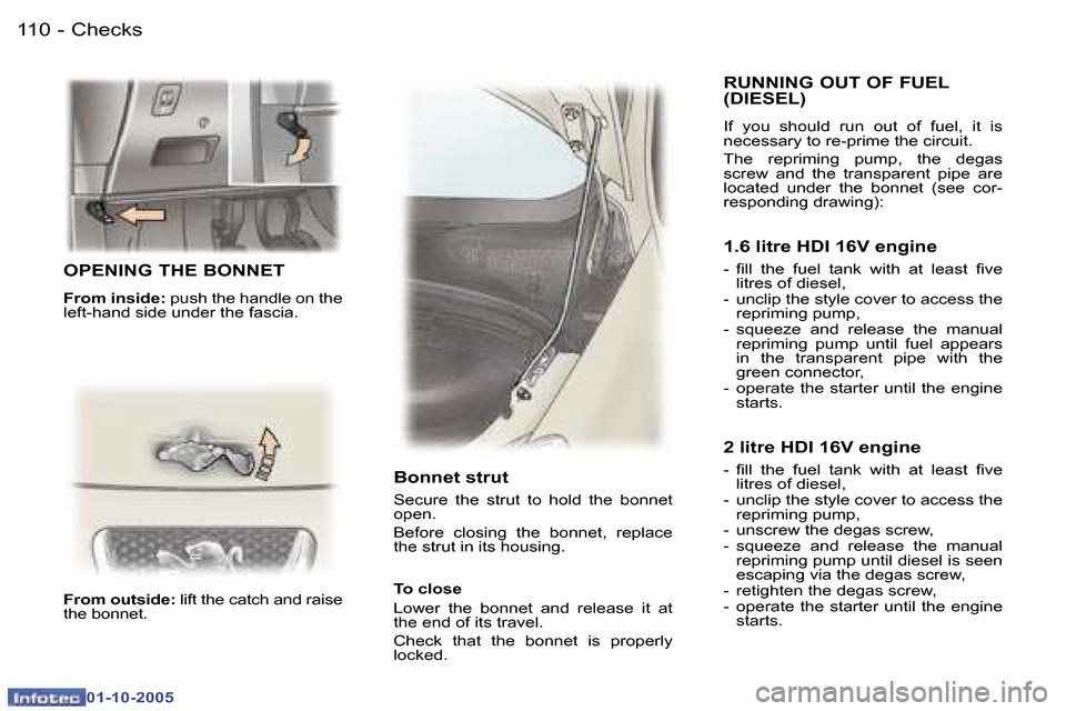 Peugeot 307 Break Dag 2005.5  Owners Manual �C�h�e�c�k�s�1�1�0 �-
�0�1�-�1�0�-�2�0�0�5
�1�1�1�C�h�e�c�k�s�-
�0�1�-�1�0�-�2�0�0�5
�O�P�E�N�I�N�G� �T�H�E� �B�O�N�N�E�T
�F�r�o�m� �i�n�s�i�d�e�:� �p�u�s�h� �t�h�e� �h�a�n�d�l�e� �o�n� �t�h�e� 
�l�e�